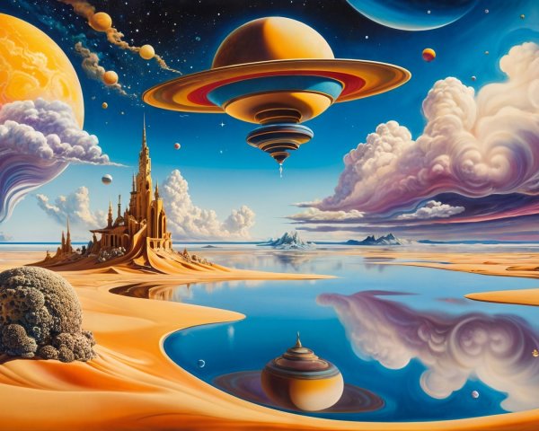 Surreal Landscape with Vibrant Planets and Castle