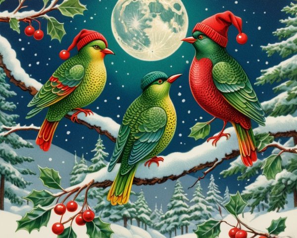 Colorful Birds in Winter Scene with Full Moon