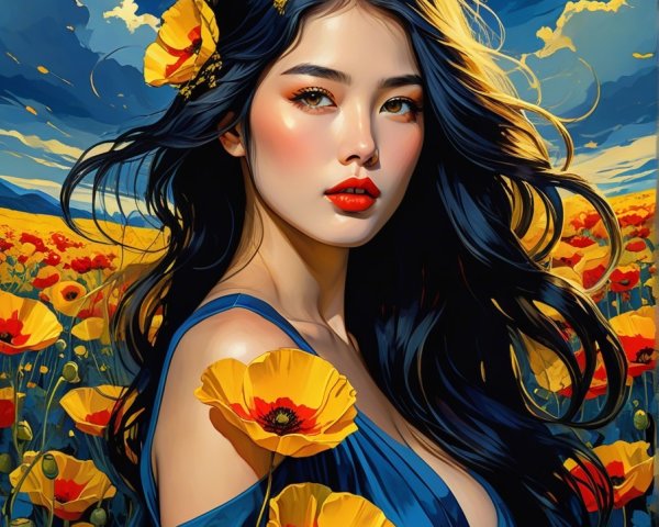 Young woman in blue dress among orange poppies