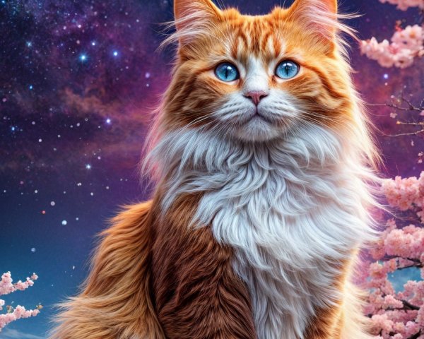 Orange and white cat amid cherry blossoms and stars