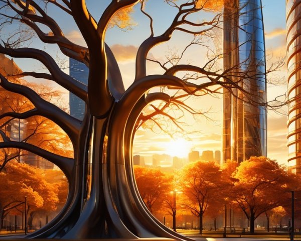 Autumn Tree Against Modern Skyscrapers at Sunrise