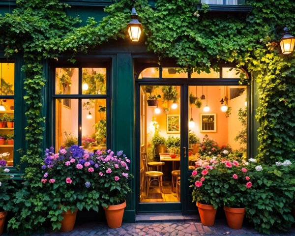 Ivy-Clad Café Entrance with Flower Pots and Greenery