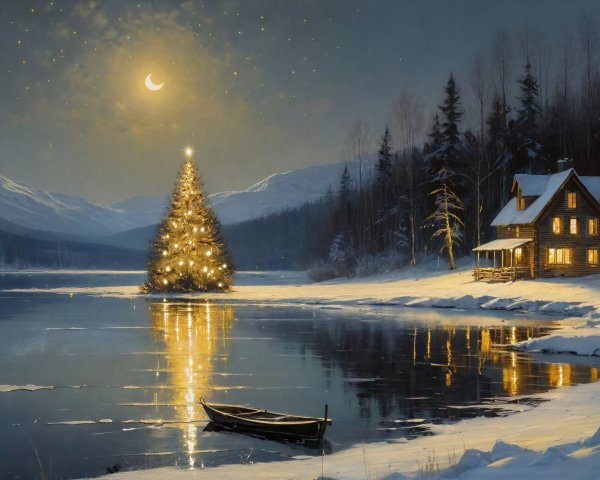 Serene Winter Landscape with Christmas Tree and Cabin
