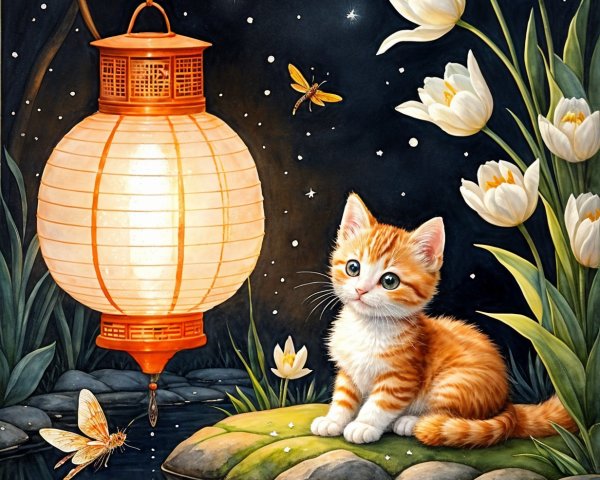 Nighttime Scene with Kitten by a Tranquil Pond