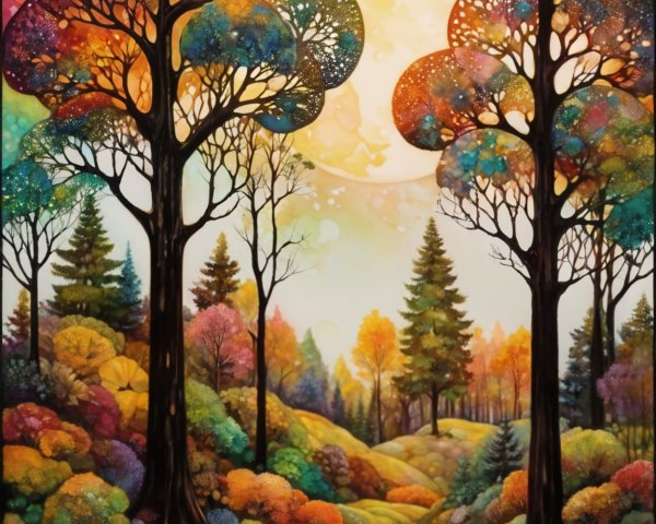 Vibrant Landscape with Towering Trees and Moonlight