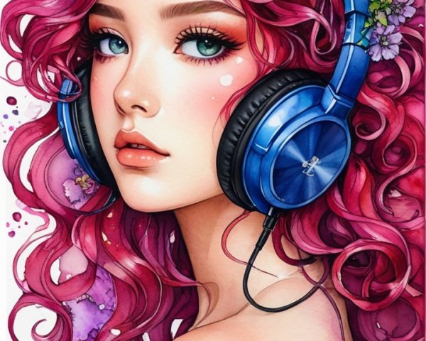 Illustration of a young woman with pink hair and headphones