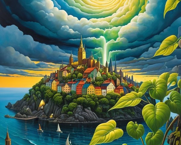 Surreal Coastal Town with Vibrant Landscape Elements