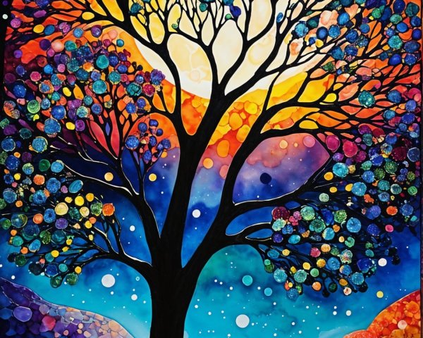 Surreal Landscape with Colorful Moon and Tree