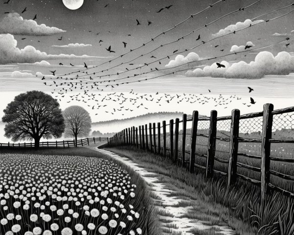Serene Black-and-White Landscape with Moonlit Path
