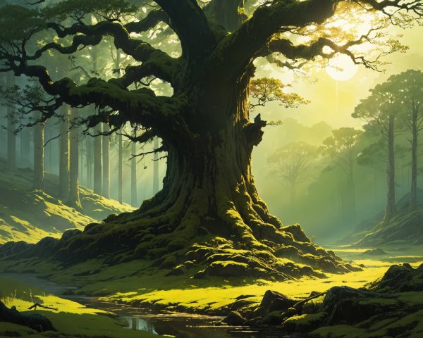 Ancient Tree in Lush Forest with Sunlit Foliage