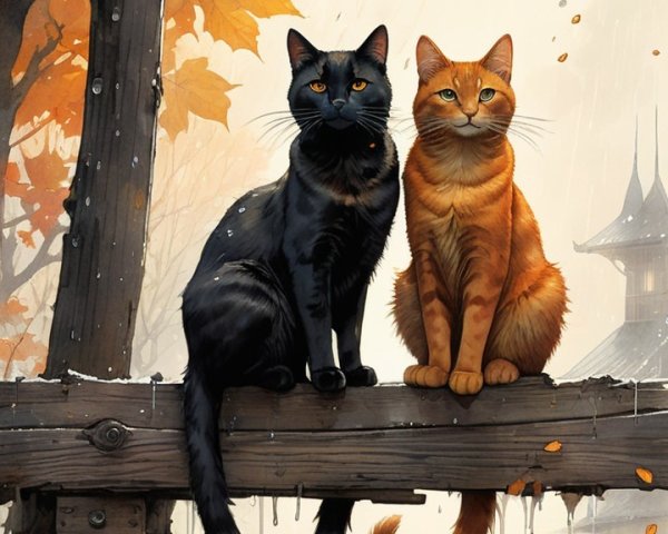 Cats on a Wooden Beam Surrounded by Autumn Leaves
