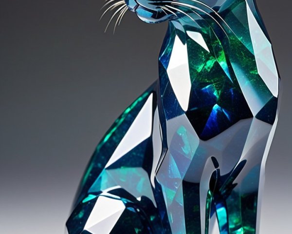 Geometric Cat Sculpture in Reflective Multicolored Materials