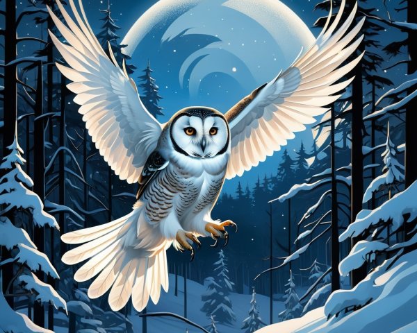 Snowy Owl in a Serene Winter Night Landscape