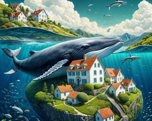 Surreal Landscape with Whale Above Vibrant Island