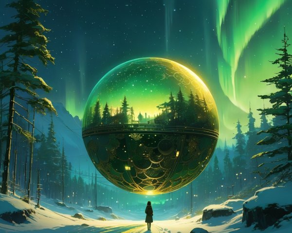 Lone Figure in Snowy Landscape with Glowing Sphere