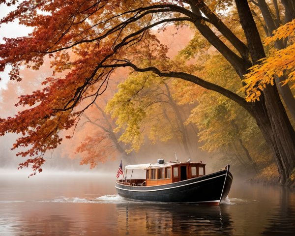 Autumn Scene with Boat on Misty Lake and Foliage