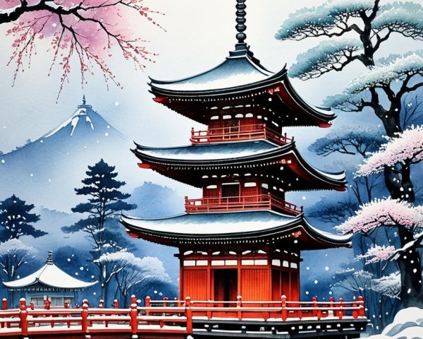 Winter Landscape with Japanese Pagoda and Cherry Blossoms