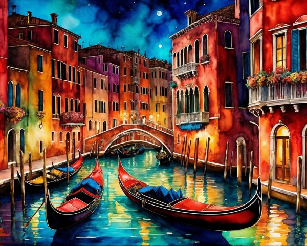 Watercolor Scene of Venetian Canal at Night