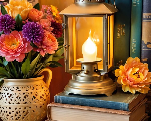 Vintage Lantern and Antique Books in Cozy Setting