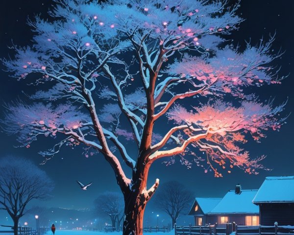 Winter Landscape with Snowy Tree and Cozy Cabin