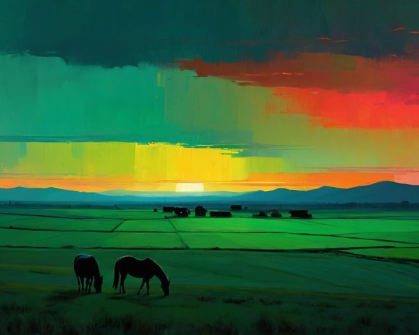 Serene Dusk Landscape with Grazing Horses and Sunset