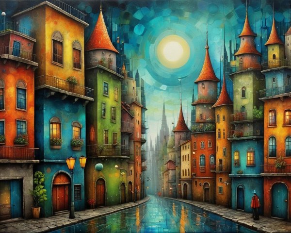 Whimsical Town with Colorful Buildings and Turrets