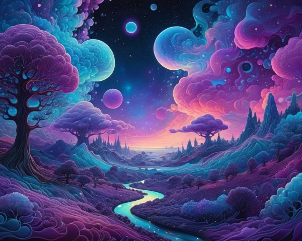 Vibrant Otherworldly Landscape with Cosmic Features