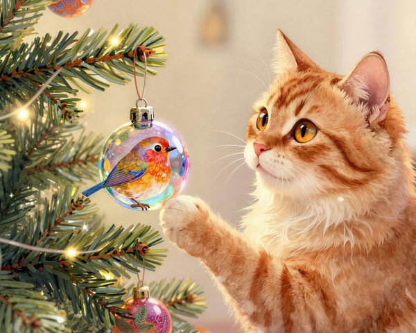 Close-up of an orange tabby cat with Christmas tree decor