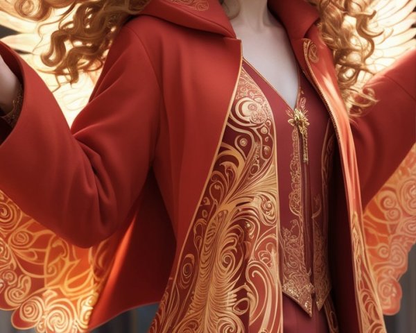 Young woman in red silk coat with golden accents