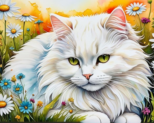 Fluffy White Cat in Colorful Wildflower Field