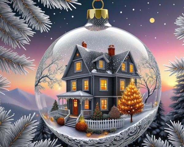 Winter-Themed Christmas Ornament with Glowing House