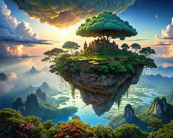 Surreal Landscape of a Floating Island with Waterfalls