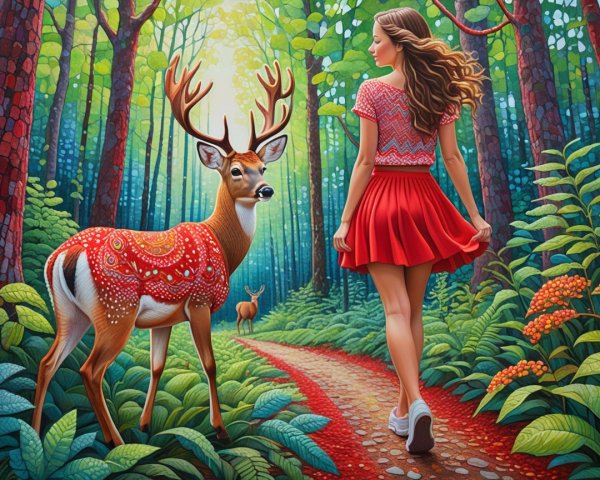Young Woman in Red Skirt Strolling with Deer in Forest