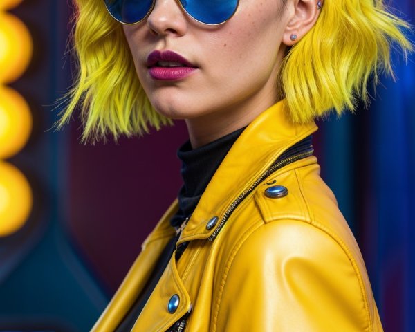 Young Woman in Yellow Jacket with Blue Sunglasses