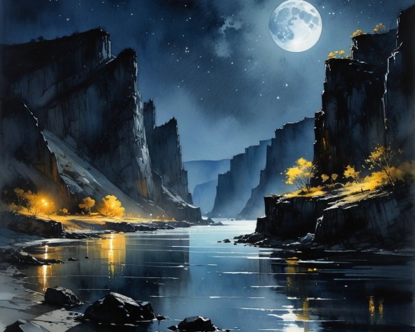 Serene Night Landscape with Cliffs and Moonlight