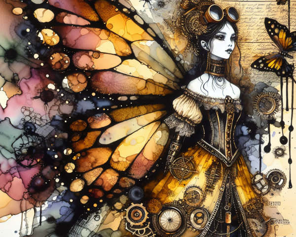 Steampunk Woman with Butterfly Wings and Vibrant Background