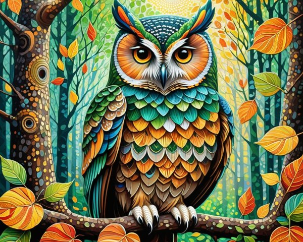 Vibrant Owl Illustration in Autumn Forest Setting