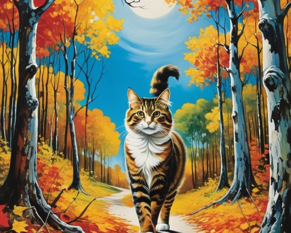 Autumn Forest Scene with Cat and Full Moon