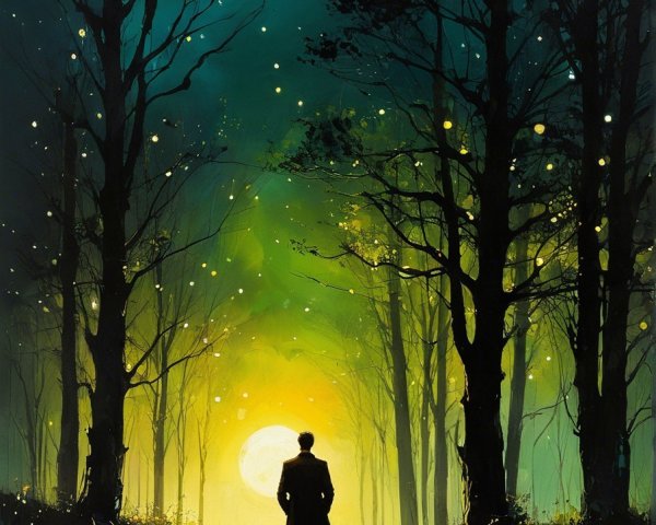Solitary Figure on Winding Path in Mystical Forest