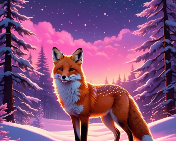 Majestic fox in a snowy twilight landscape