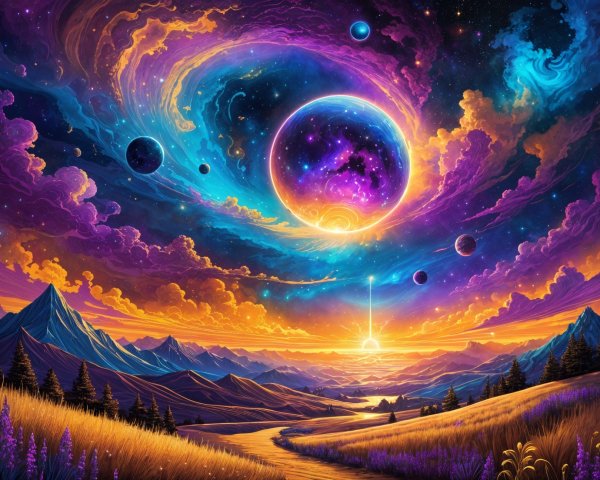 Vibrant Cosmic Landscape with Mountains and Valley