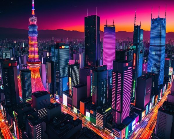 Vibrant city skyline at dusk with neon skyscrapers