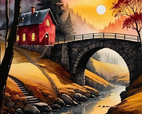 Tranquil Landscape with Red House and River Reflection