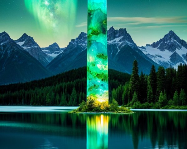 Crystal Obelisk Reflected in Tranquil Lake at Night
