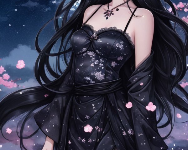 Mystical Figure Beneath Full Moon and Cherry Blossoms