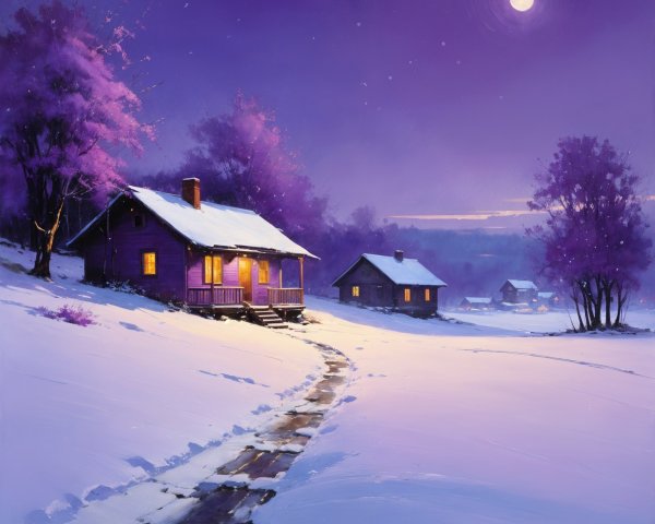 Cozy purple cottage in a serene winter night scene