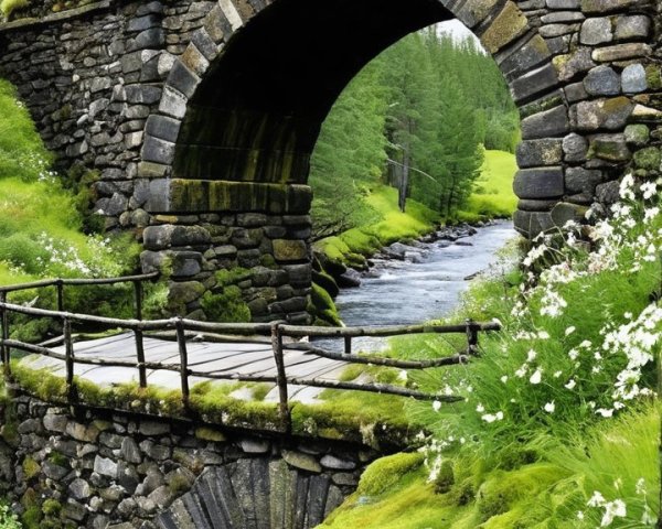 Serene Landscape with Stone Bridge Over Flowing River