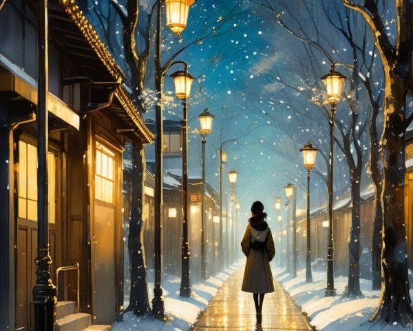 Serene Winter Night Scene with Snow and Street Lamps