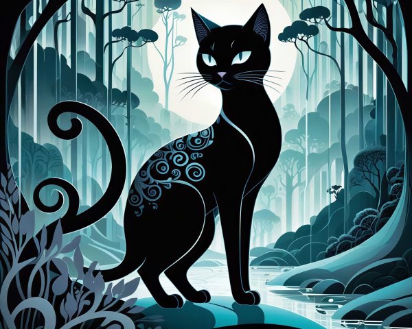 Digital painting of a black cat in a mystical forest