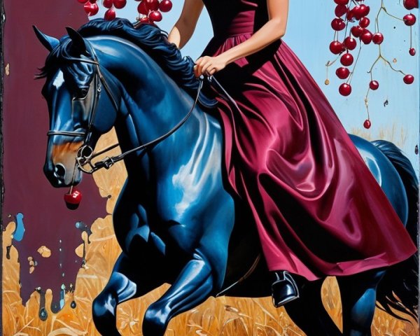 Woman in Burgundy Dress Riding Black Horse in Water